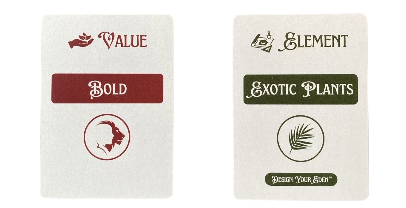 Two playing cards featuring Garden Design prompts.