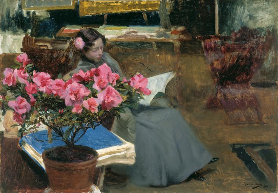 Impressionistic painting of woman reading next to pink flowered potted plant