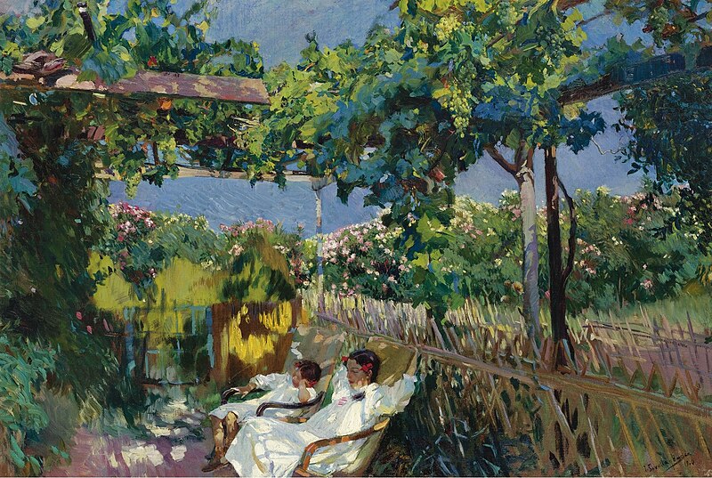 a painting by Joaquin Sorolla of a woman and girl resting in the patio under a garden arbor