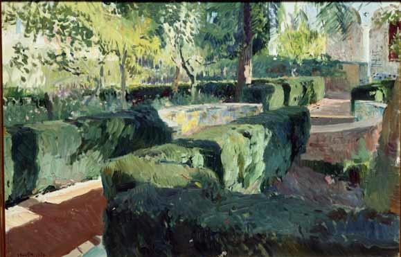 Joaquin Sorolla garden painting of with boxwood hedge, tile paths, and architecture 